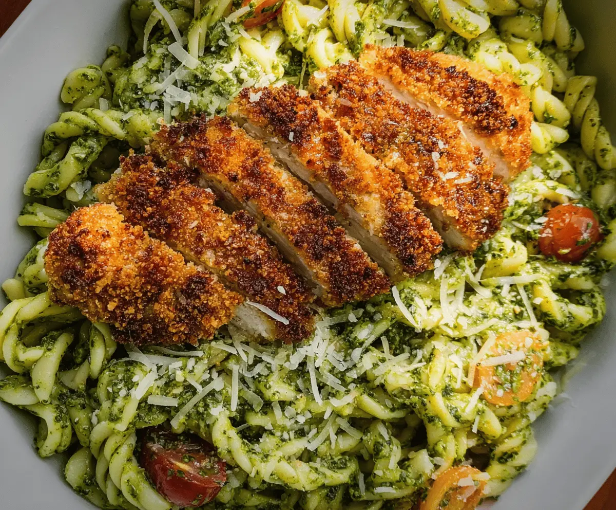 Creamy Pesto Pasta with Crispy Parmesan Chicken