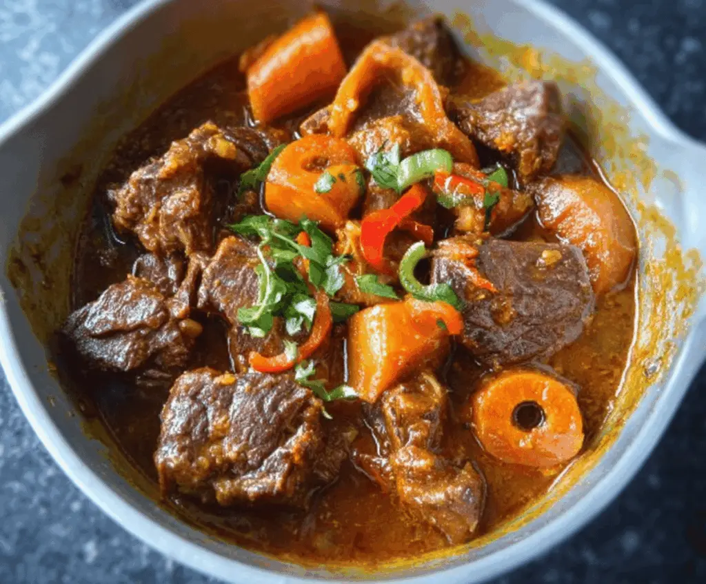 Delicious African Beef Stew with tender beef chunks, vegetables, and flavorful spices served in a rustic bowl