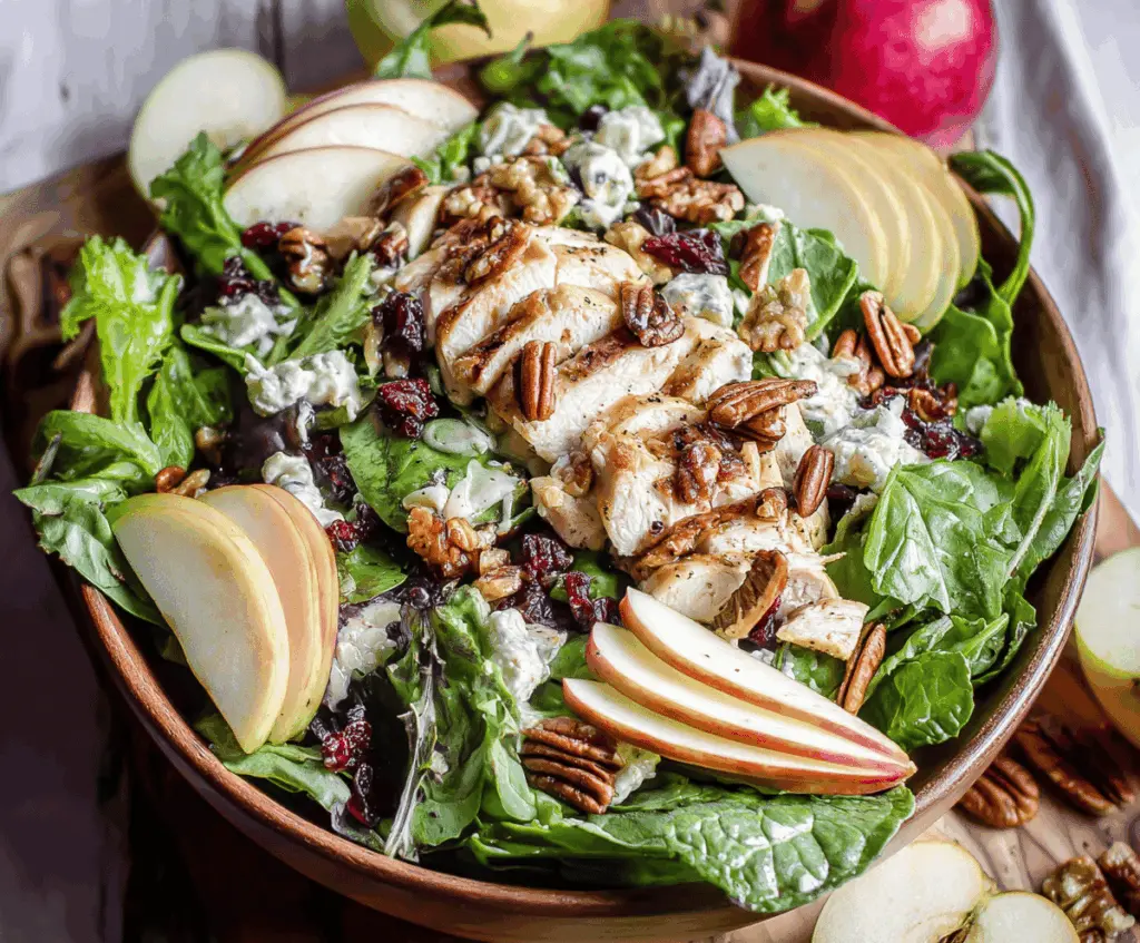 Fresh apple pecan chicken salad with crisp greens, sliced apples, toasted pecans, and grilled chicken in a light vinaigrette.