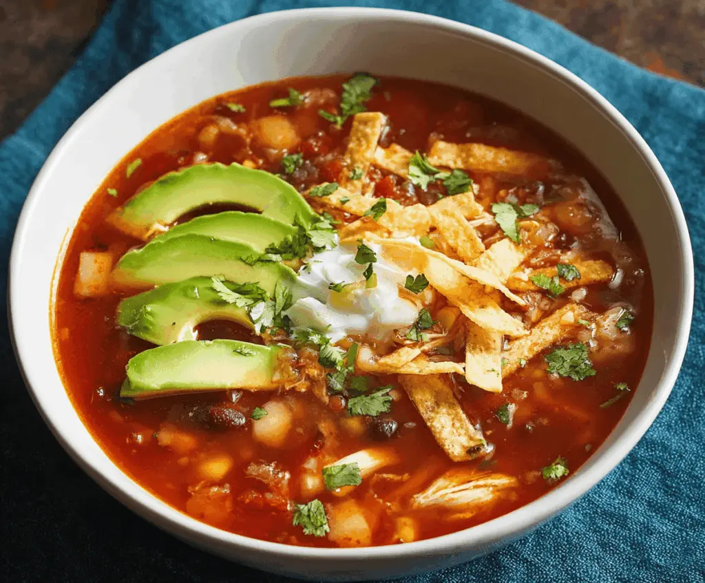 Delicious homemade authentic chicken tortilla soup with shredded chicken, fresh vegetables, and melted cheese in a bowl, garnished with cilantro and lime slices.