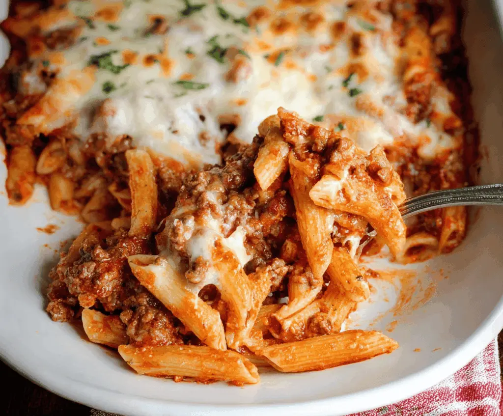 Delicious baked ziti with ground beef, melted cheese, and marinara sauce, served hot in a baking dish