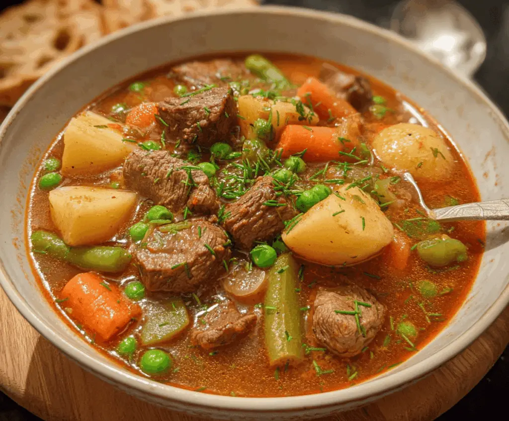 Hearty beef and vegetable stew in a rustic bowl with carrots, potatoes, and tender beef chunks, perfect for a comforting meal