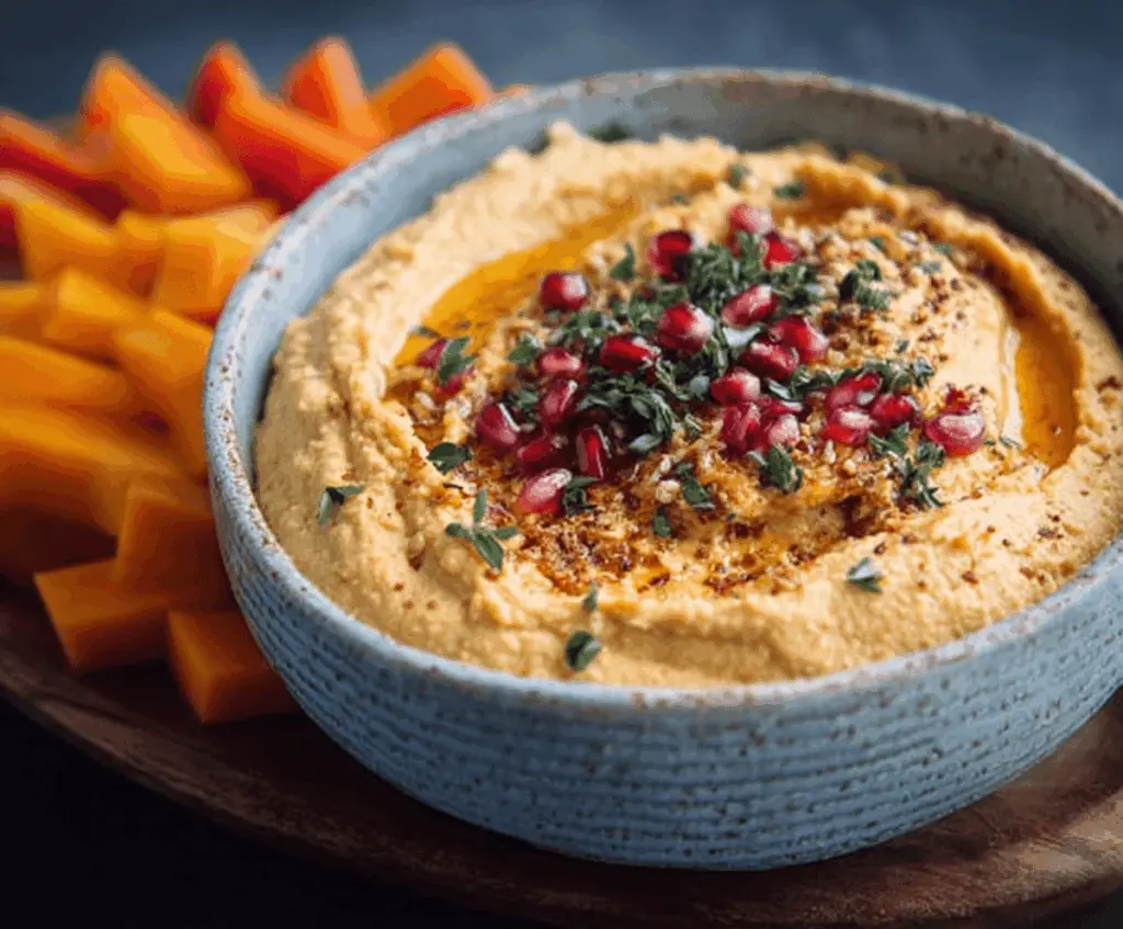 Creamy homemade butternut squash hummus served with fresh vegetable sticks and pita bread on a rustic wooden table.