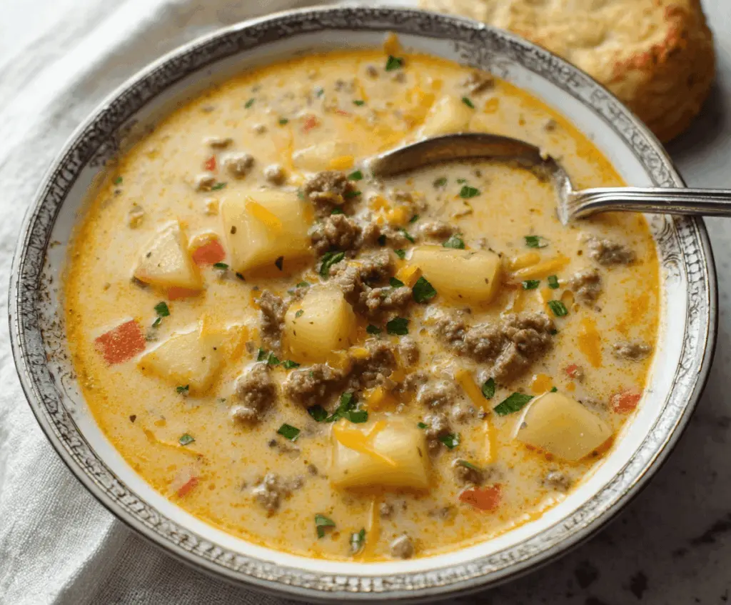 Creamy cheesy hamburger potato soup in a bowl with melted cheese, ground beef, diced potatoes, and fresh herbs, perfect for a hearty comfort meal.
