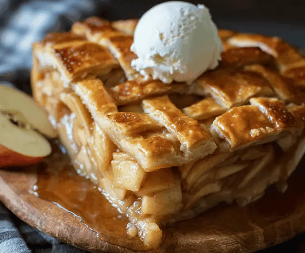 Golden-brown classic apple pie topped with a lattice crust, showcasing juicy apple filling and flaky pastry for a comforting dessert.