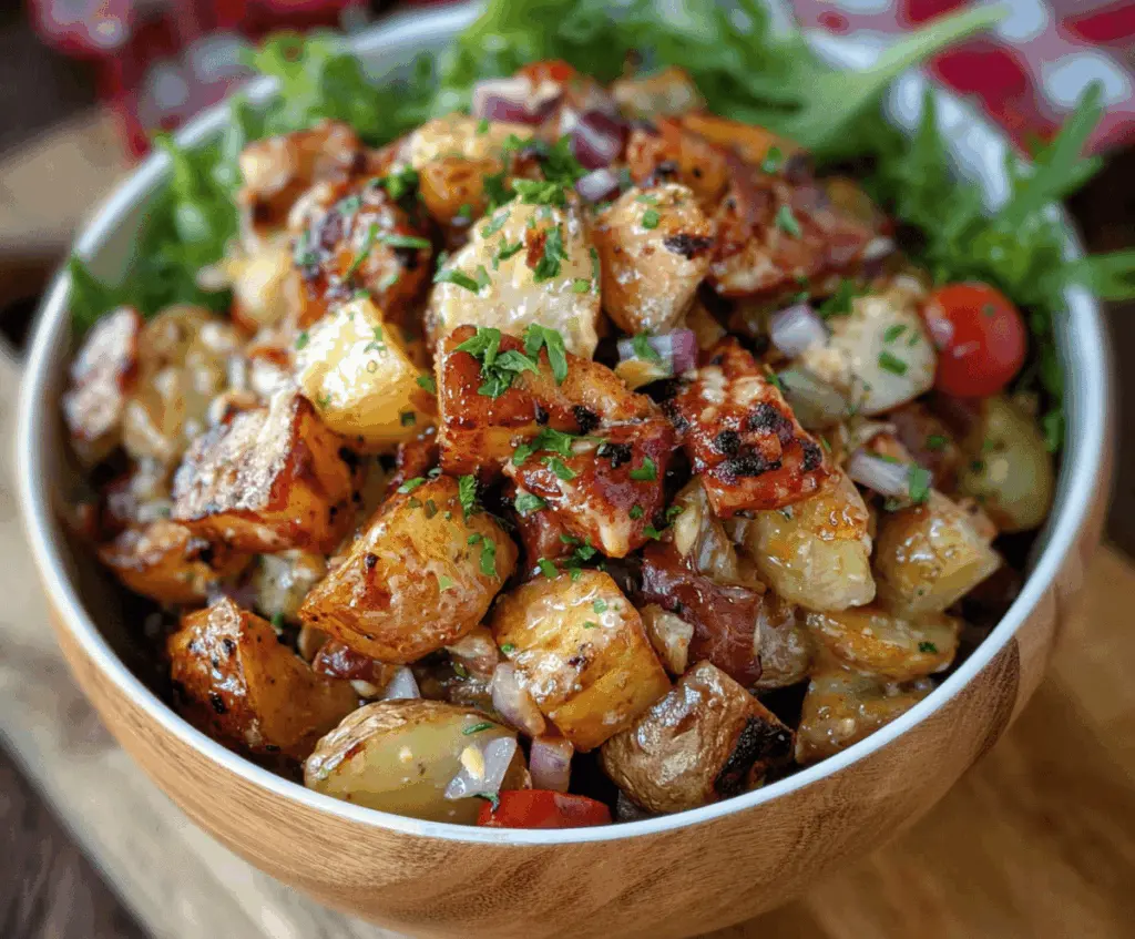 Freshly prepared classic potato BBQ side salad with chopped potatoes, herbs, and a creamy dressing in a bowl, perfect for summer barbecues.