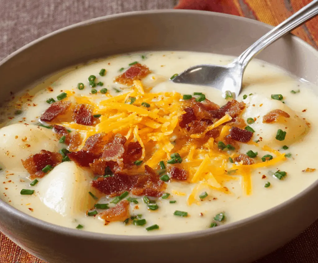 A steaming bowl of creamy baked potato soup topped with shredded cheese, chopped green onions, and crispy bacon bits, served in a rustic white bowl on a wooden table.