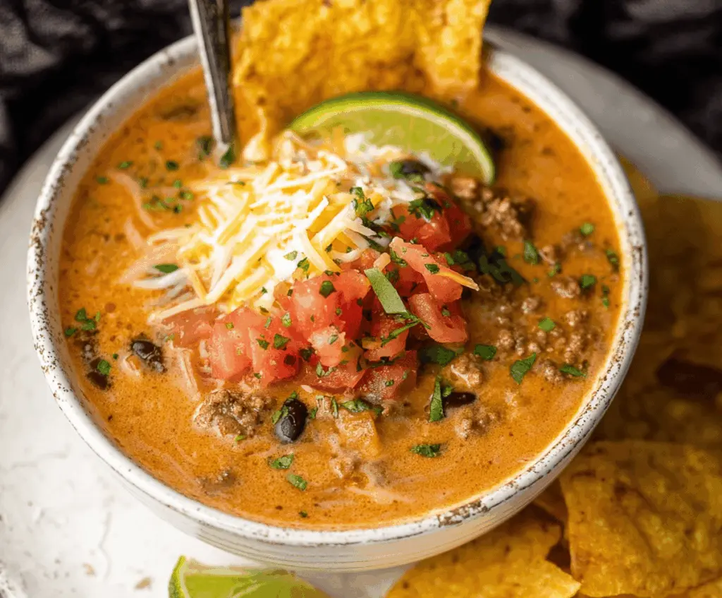 Creamy cheesy ground beef taco soup in a bowl topped with shredded cheese, fresh cilantro, and diced tomatoes, ready to serve