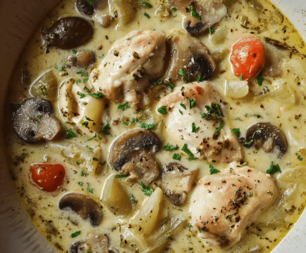 Creamy Chicken and Mushroom Stew in a bowl with fresh herbs, showcasing tender chicken pieces, sliced mushrooms, and a rich, creamy sauce.