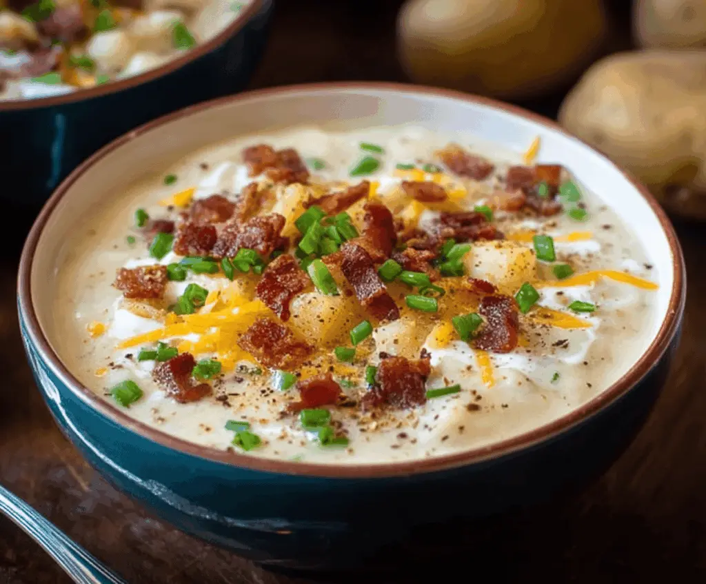 A bowl of creamy loaded potato soup topped with shredded cheese, chopped bacon, green onions, and sour cream, served in a white bowl on a rustic wooden table.