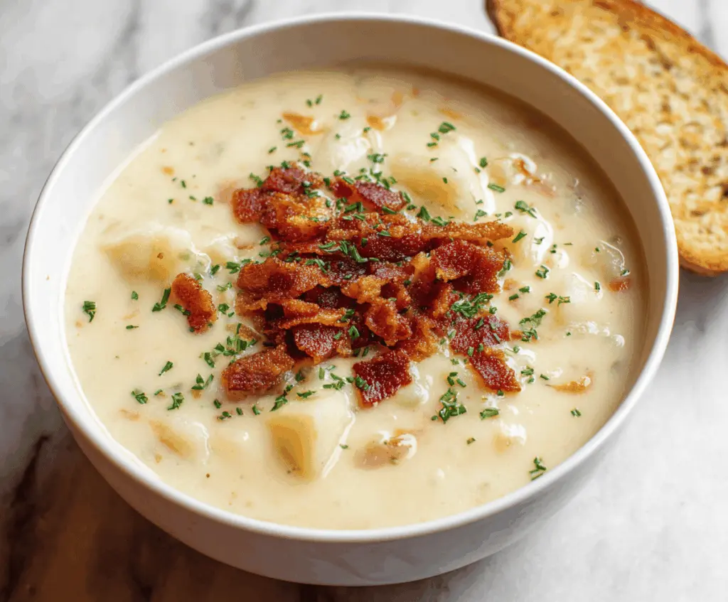 Creamy potato soup topped with crispy bacon bits in a bowl, garnished with fresh herbs, perfect for a comforting meal