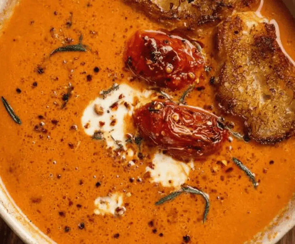 A bowl of creamy roasted garlic tomato soup garnished with fresh basil and a drizzle of cream, served with crusty bread on the side.