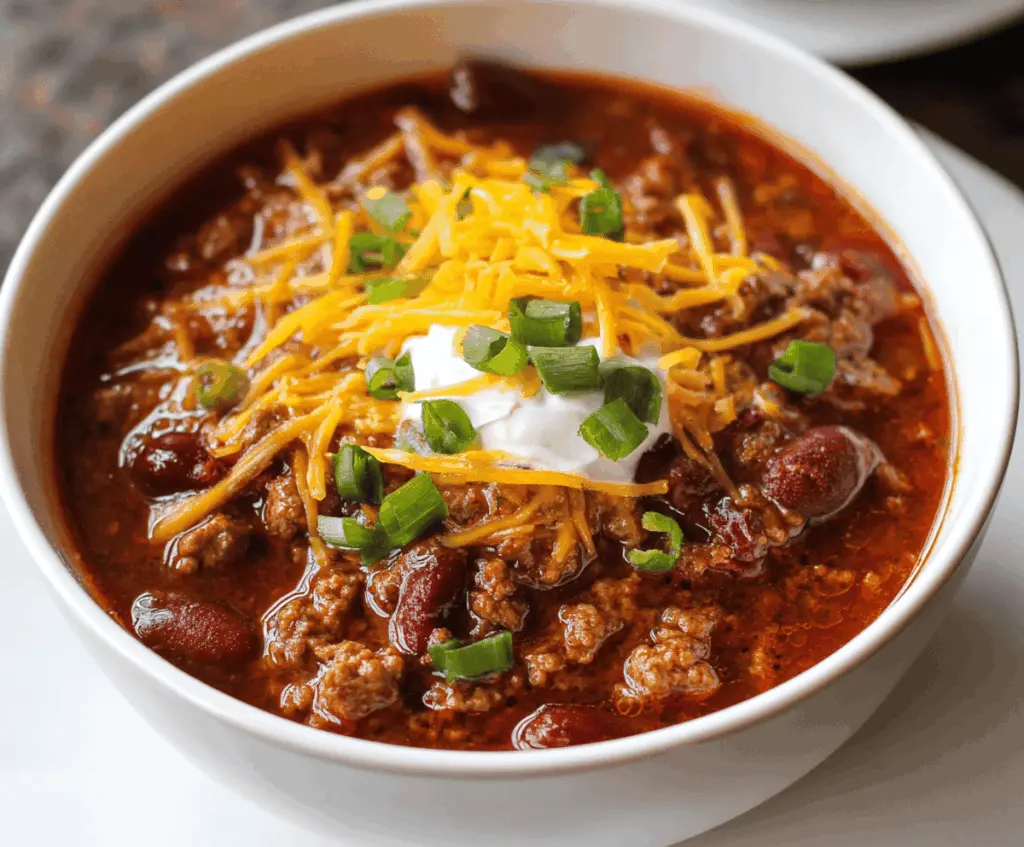 Delicious homemade crockpot chili with ground beef, beans, and spices in a rustic bowl, perfect for cozy dinners