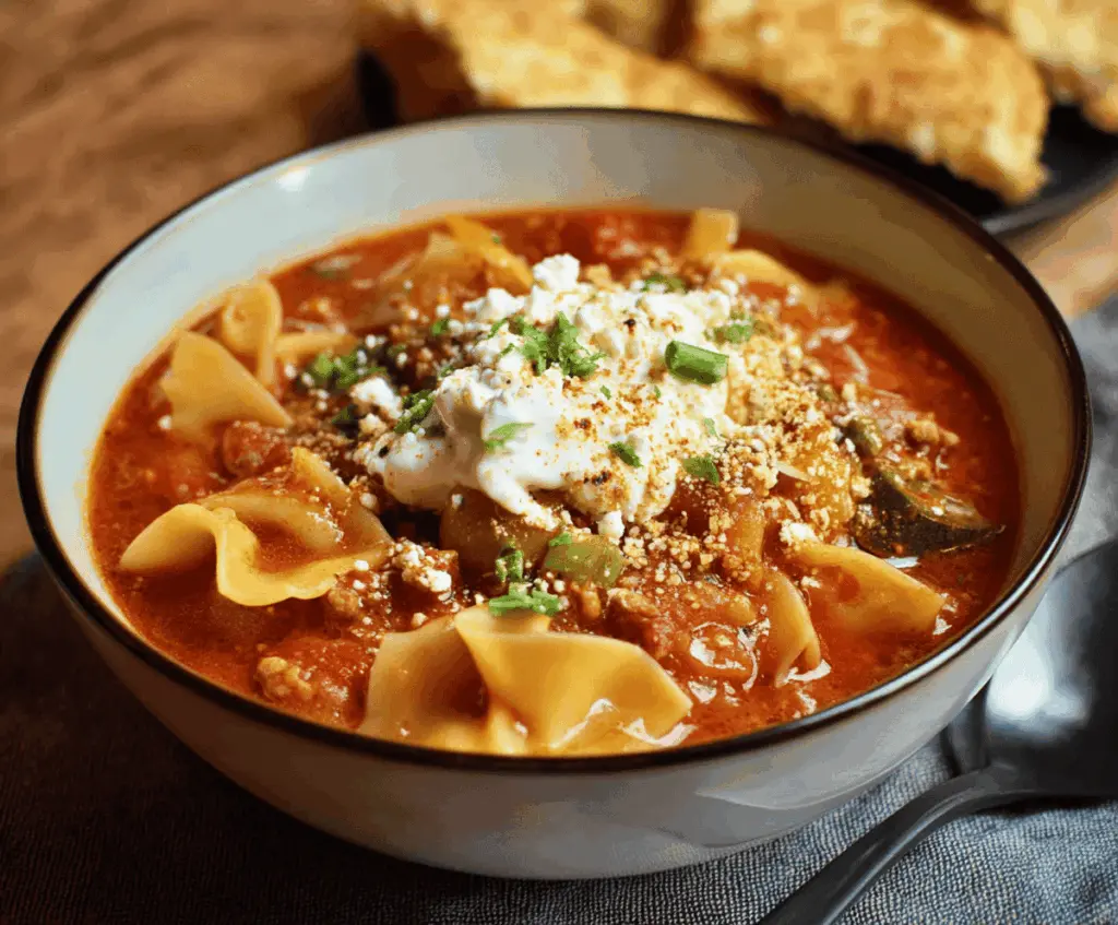 Delicious homemade Crockpot Lasagna Soup topped with melted cheese, fresh basil, and meat sauce in a crockpot ready to serve