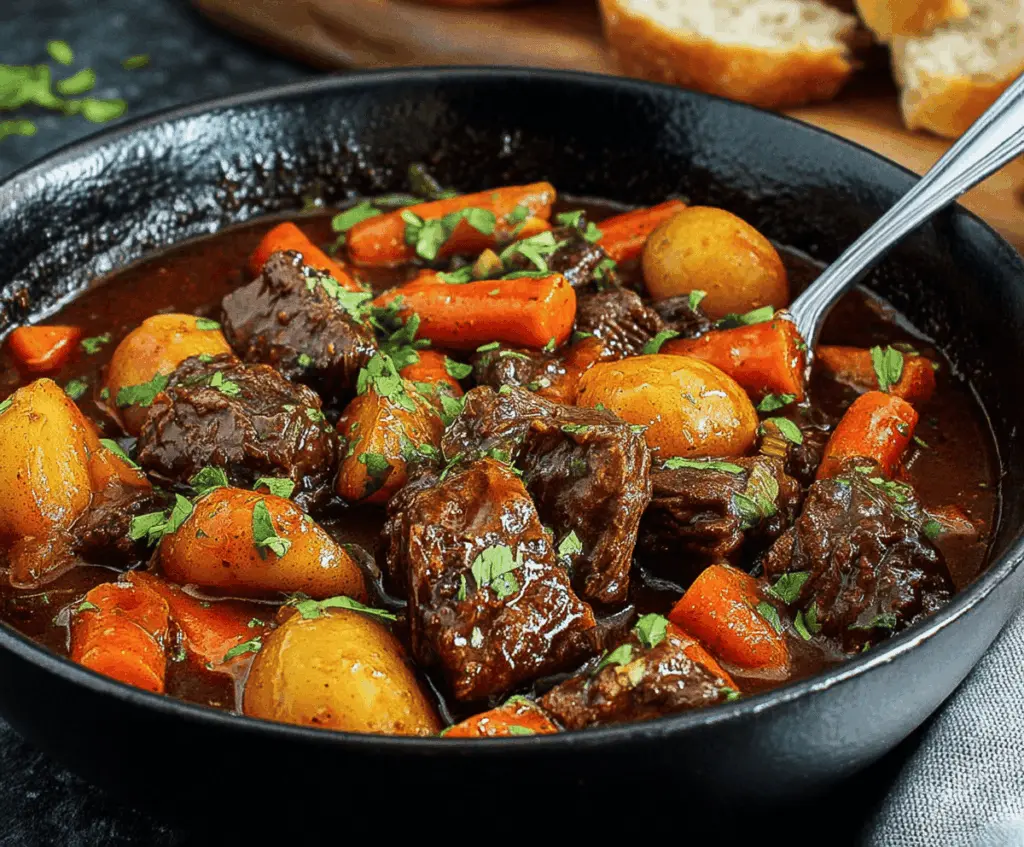 Hearty Dutch Oven Beef Stew with tender beef chunks, carrots, potatoes, and vegetables in a rich broth served in a rustic Dutch oven