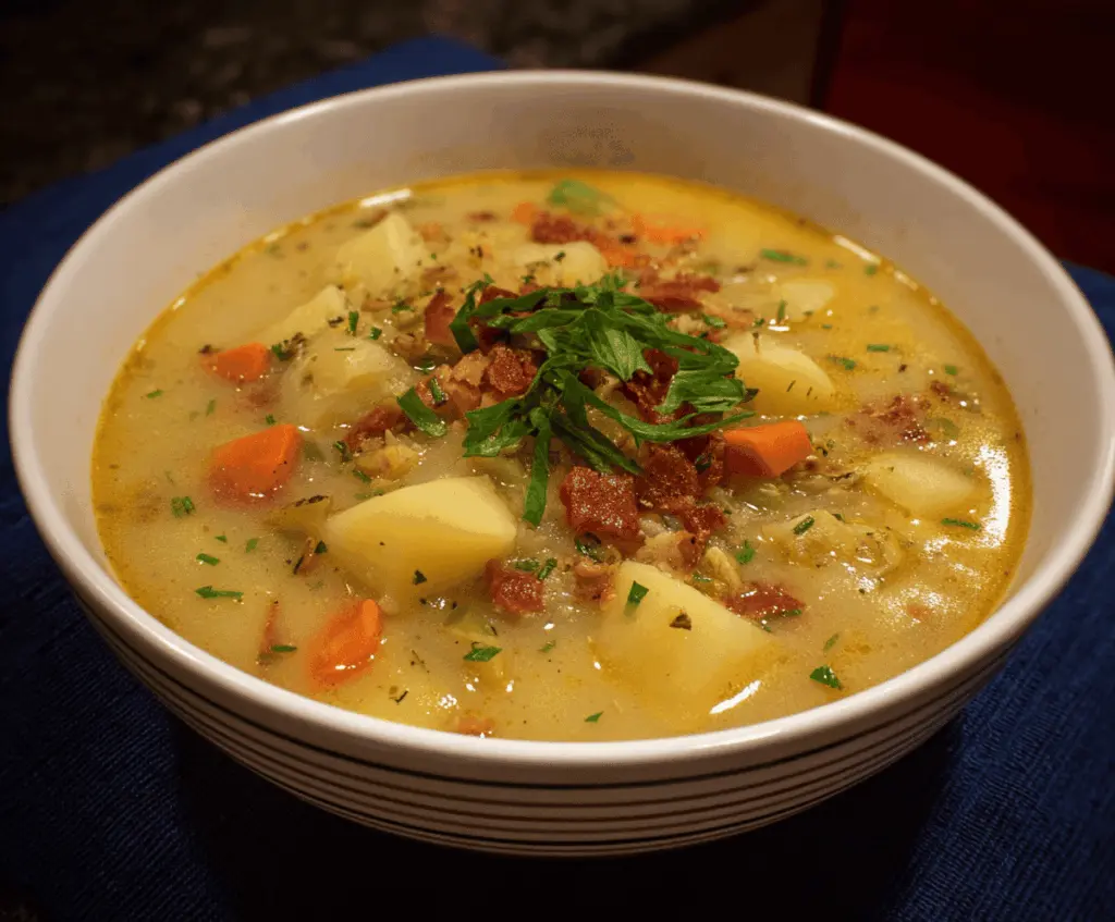 Creamy German Potato Soup topped with fresh herbs and crispy bacon, served in a bowl with chopped green onions.