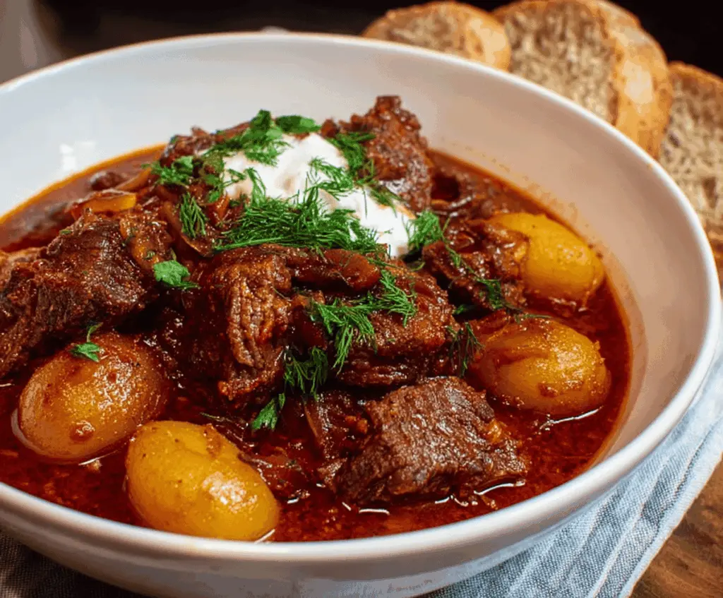 Savory Greek Beef Stew with tender beef chunks, fresh vegetables, and aromatic herbs served in a rustic bowl
