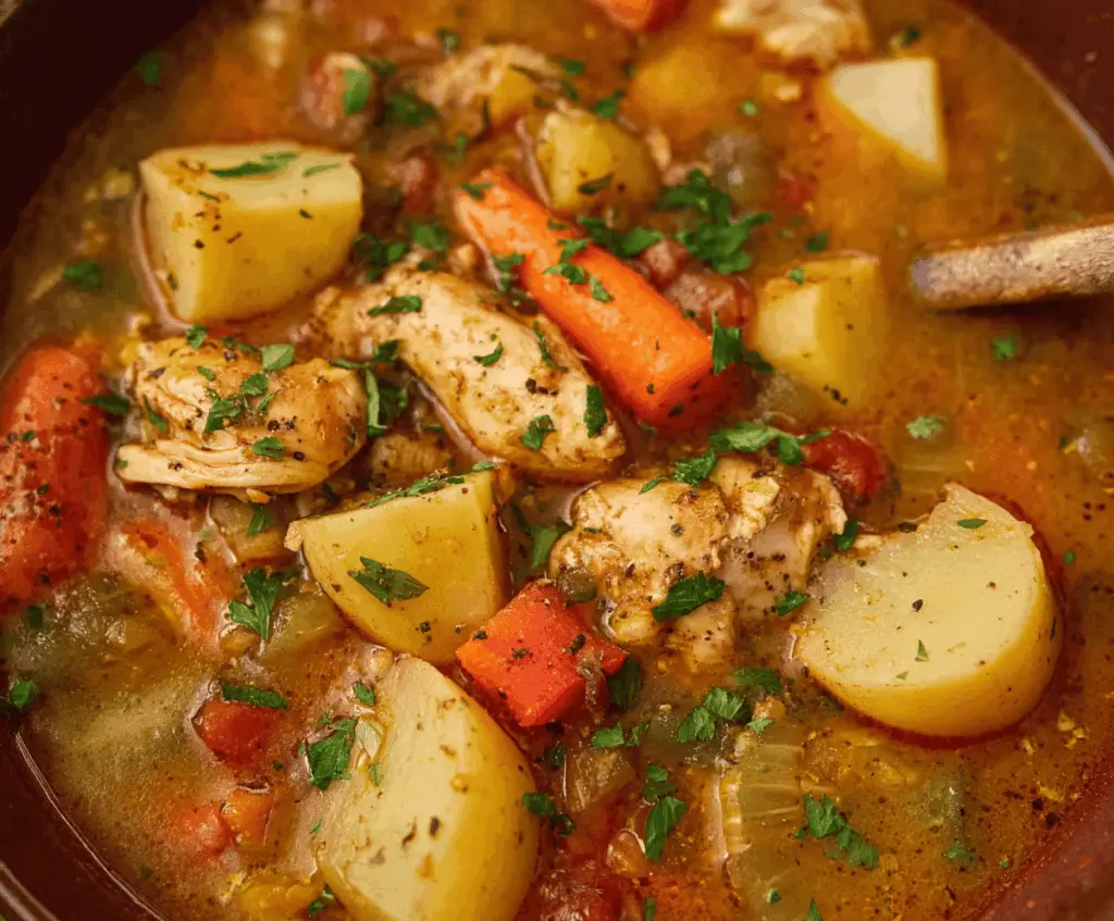 A delicious bowl of hearty chicken stew loaded with fresh vegetables like carrots, potatoes, and celery, served steaming hot in a rustic bowl.