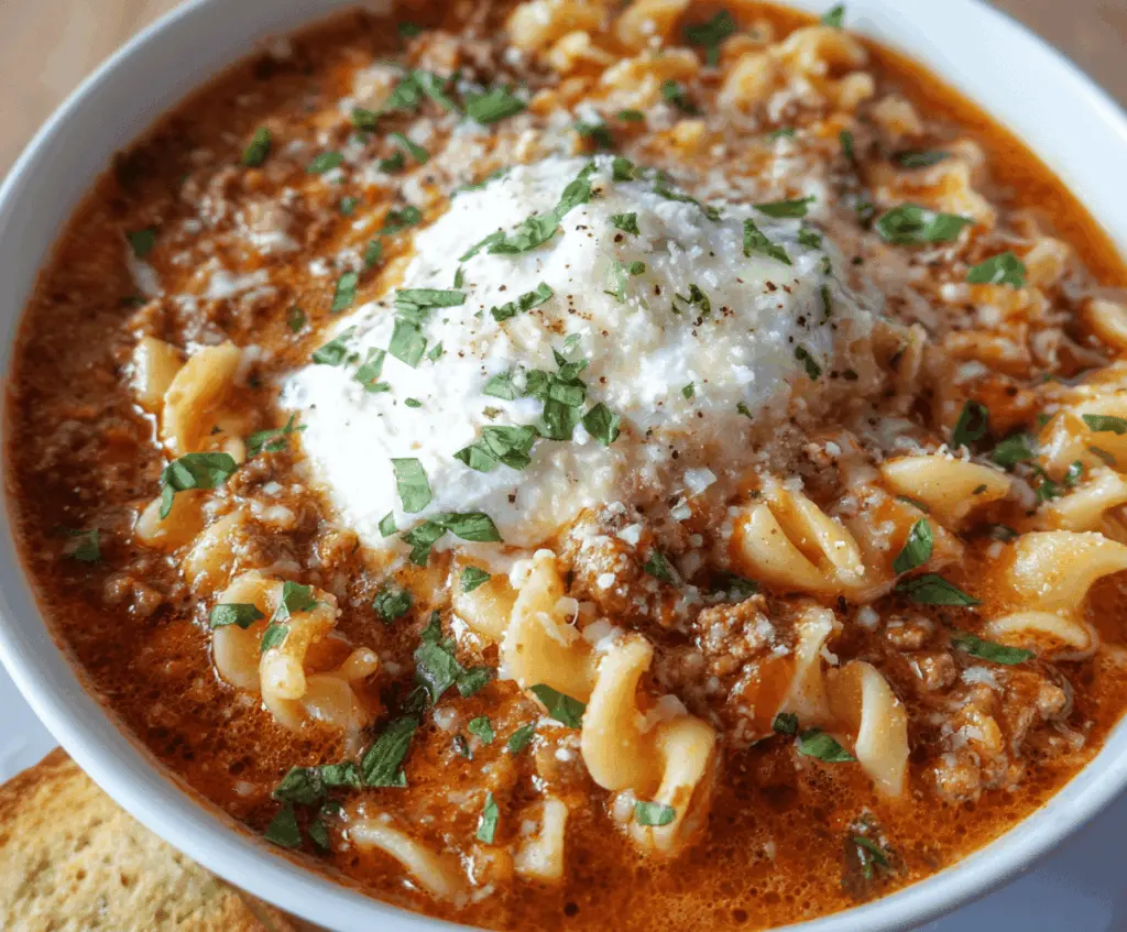 Hearty high-protein lasagna soup with layers of ground meat, tomato sauce, and melted cheese in a bowl