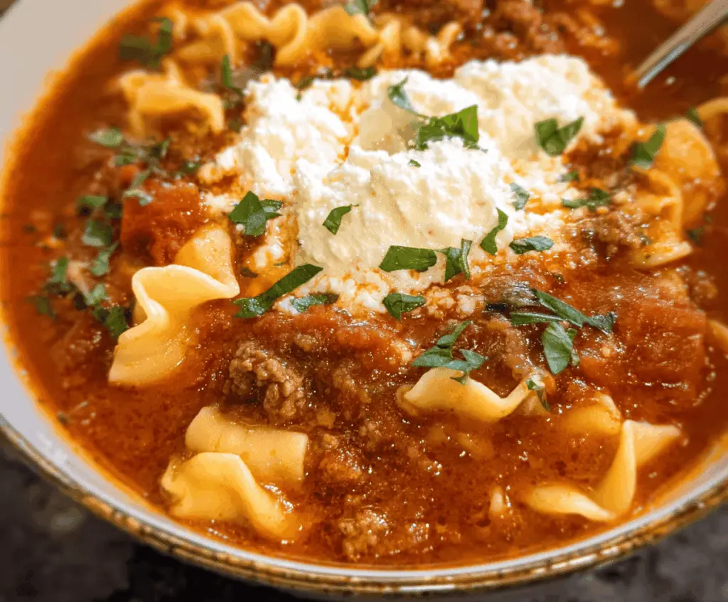 A steaming bowl of homemade lasagna soup topped with melted cheese, fresh basil, and pasta noodles, served in a white bowl on a rustic wooden table.