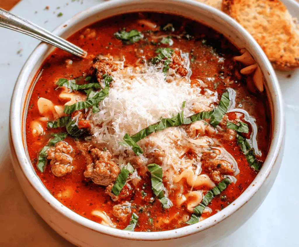 A bowl of hearty Italian Sausage Lasagna Soup topped with melted cheese, fresh basil, and a sprinkle of grated Parmesan, showcasing a comforting Italian-inspired dish.