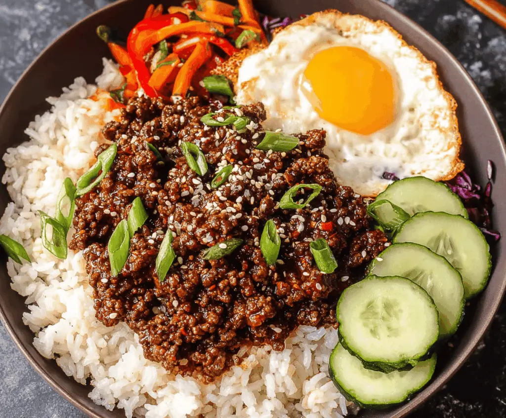Savory Korean ground beef bowls topped with chopped green onions and sesame seeds, served over steamed rice