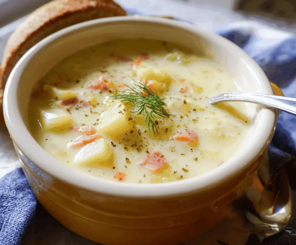 Creamy old-fashioned potato soup garnished with fresh herbs in a rustic bowl, perfect for comforting homemade comfort food.