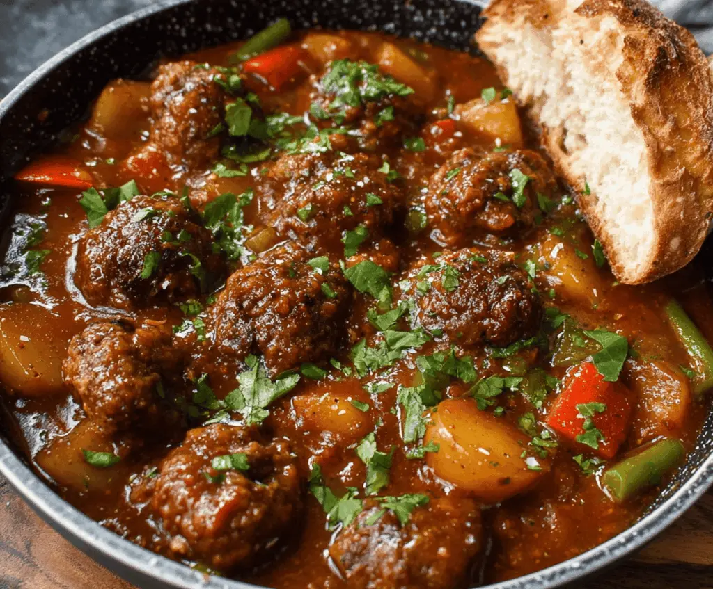 Delicious one-pot meatball stew with vegetables and rich broth in a bowl, ready to serve