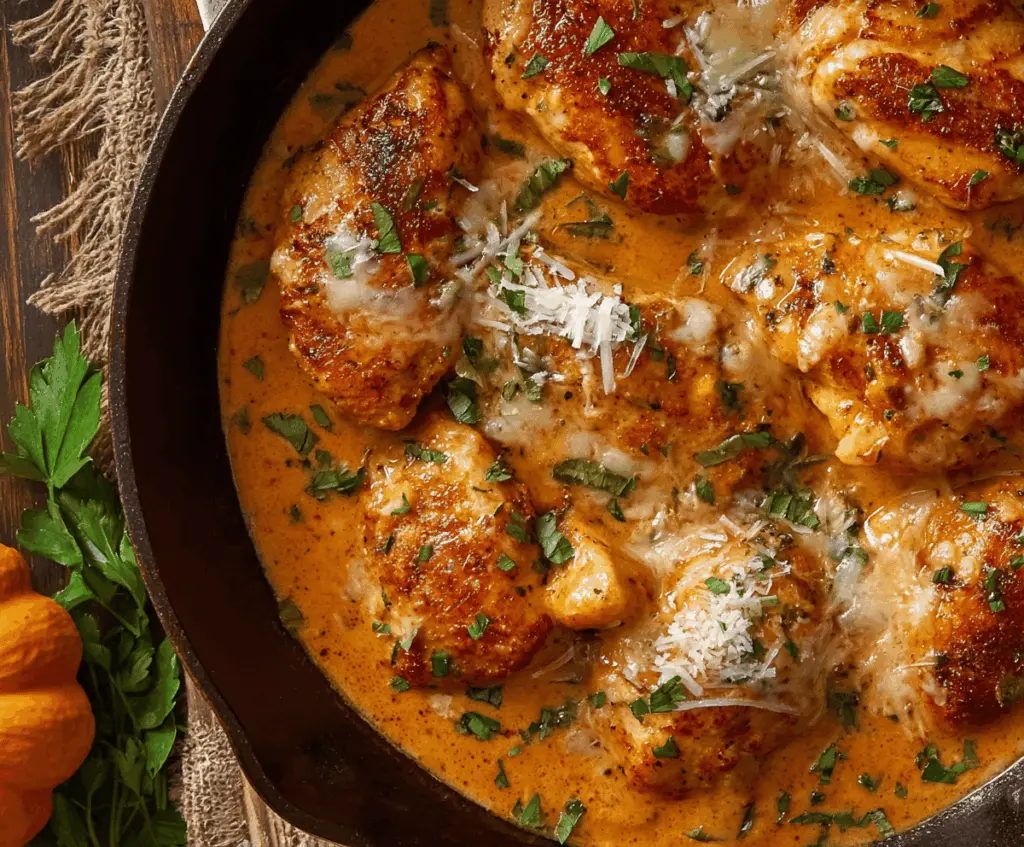 Creamy Pumpkin Parmesan Chicken Skillet with roasted vegetables and fresh herbs, perfect for a cozy fall dinner.