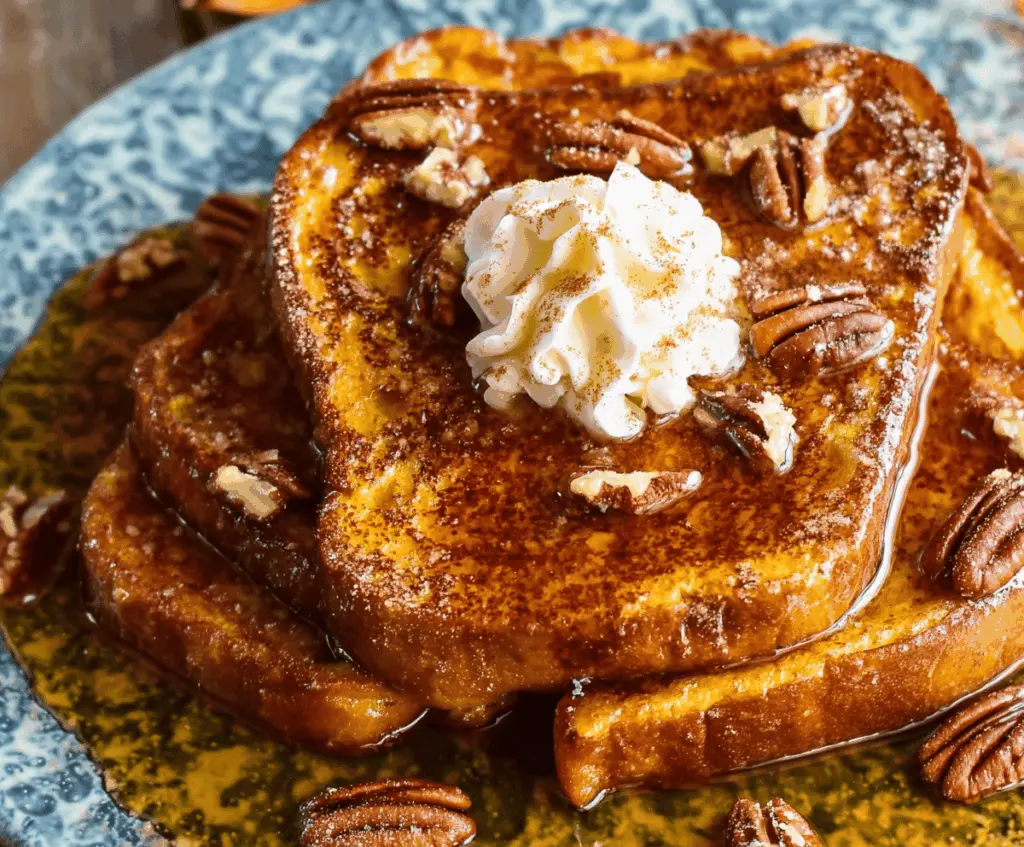 Delicious Pumpkin Pie French Toast topped with whipped cream and cinnamon, served with fresh orange slices on a plate.