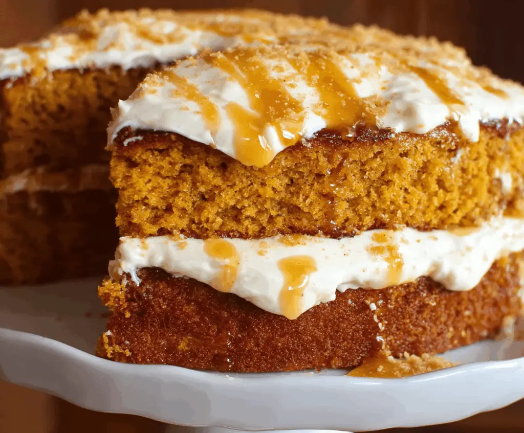 Delicious homemade pumpkin spice cake topped with cream cheese frosting and garnished with cinnamon and powdered sugar