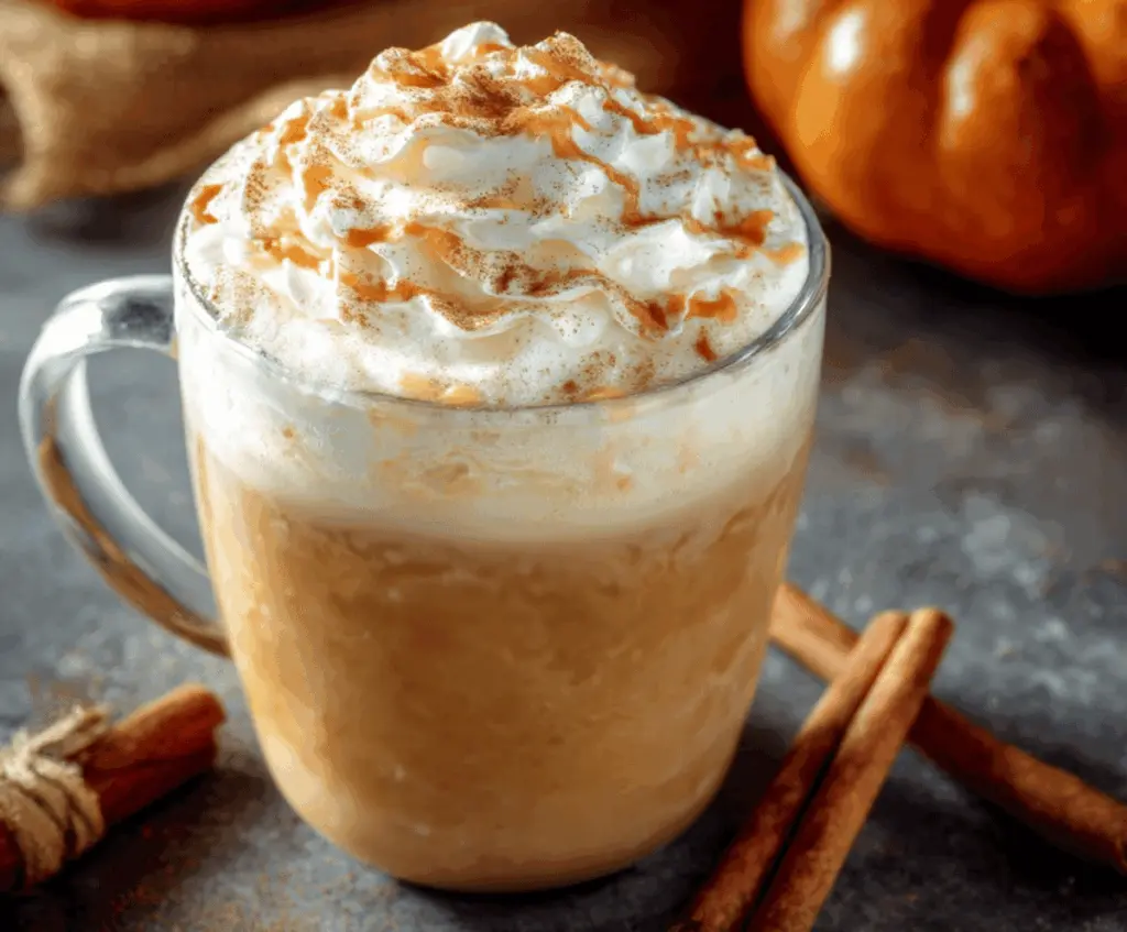 Creamy Pumpkin Spice Latte topped with whipped cream and a sprinkle of cinnamon in a clear glass mug on a cozy fall-themed table.