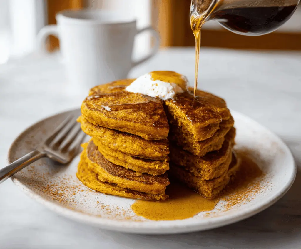 Delicious pumpkin spice pancakes topped with whipped cream and autumnal garnishes, perfect for a cozy breakfast