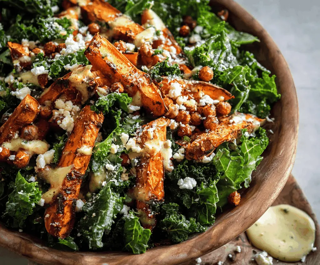 Fresh roasted sweet potato and kale salad topped with crunchy nuts and a tangy vinaigrette, perfect for a healthy meal.