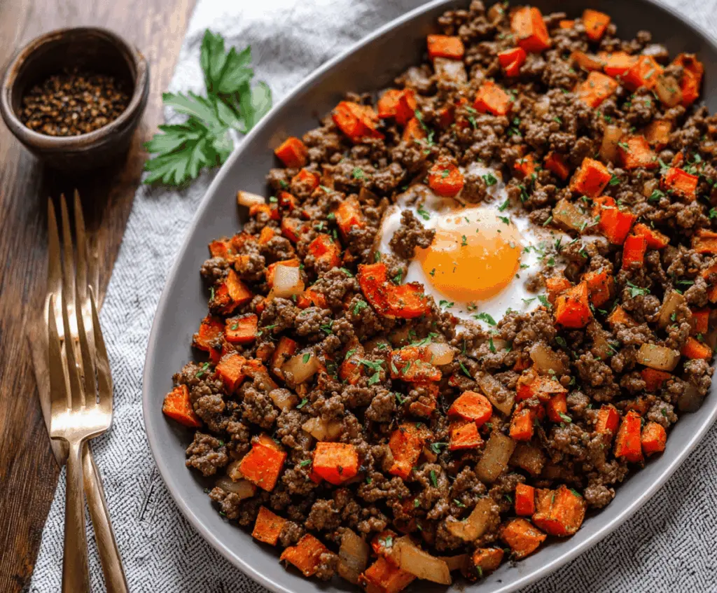 Delicious sheet-pan ground beef and sweet potato hash served on a plate with fresh herbs, perfect for a hearty breakfast or dinner