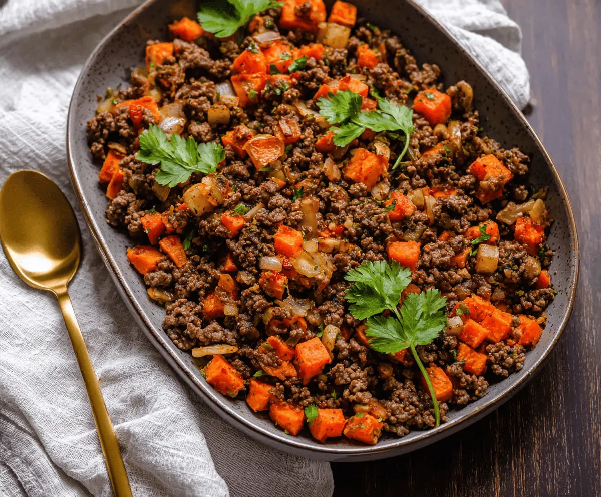 Sheet-Pan Ground Beef and Sweet Potato Hash