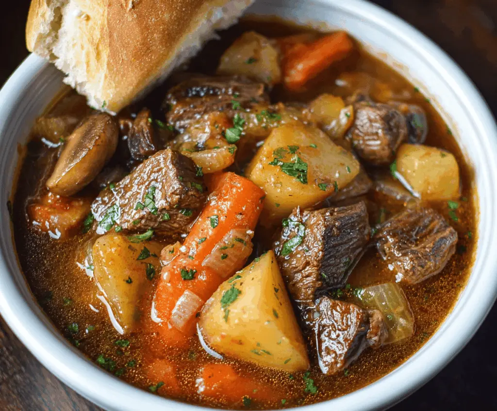 Hearty slow cooker beef stew with tender beef chunks, vegetables, and herbs served in a rustic bowl