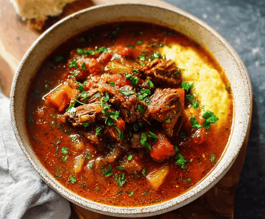 Delicious Slow Cooker Italian Beef Stew with tender beef chunks, colorful vegetables, herbs, and a savory broth in a rustic bowl