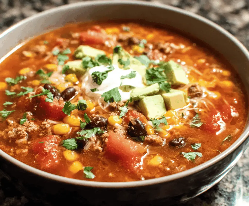 Delicious homemade Slow Cooker Taco Soup with beef, beans, corn, and seasoned spices served in a bowl with toppings