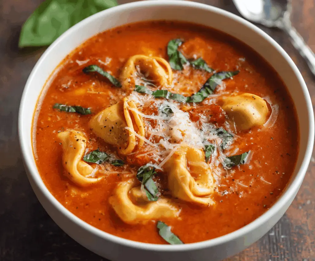 Creamy slow cooker tomato tortellini soup garnished with fresh basil and grated Parmesan cheese in a bowl with a spoon