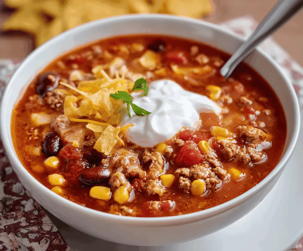Delicious homemade taco soup with beef, beans, corn, tomatoes, and fresh toppings served in a bowl