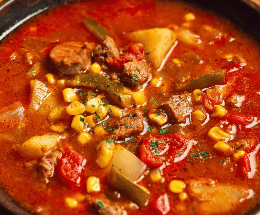 Hearty Texas Cowboy Stew with beef, vegetables, and spices in a rustic bowl, perfect for comfort food