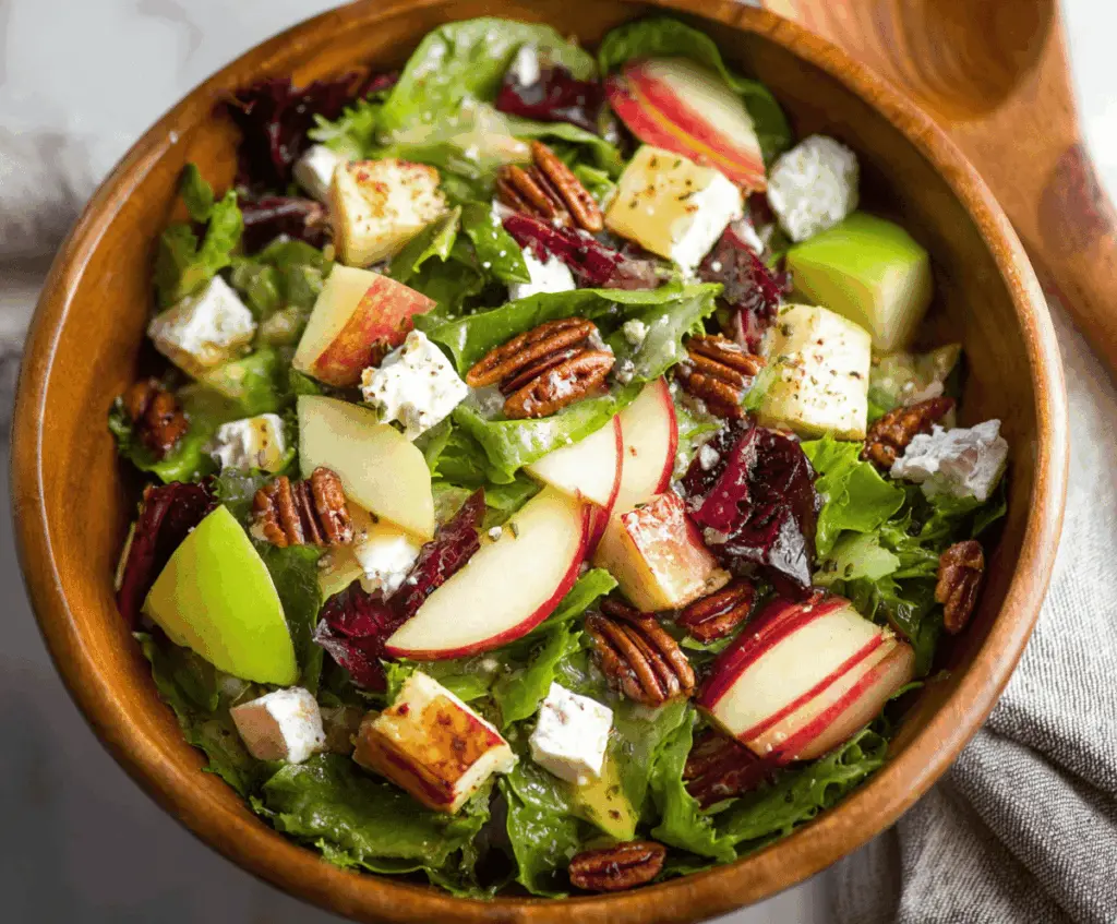 Fresh TikTok Apple Goat Cheese Pecan Salad with sliced apples, creamy goat cheese, toasted pecans, mixed greens, and a light vinaigrette dressing.
