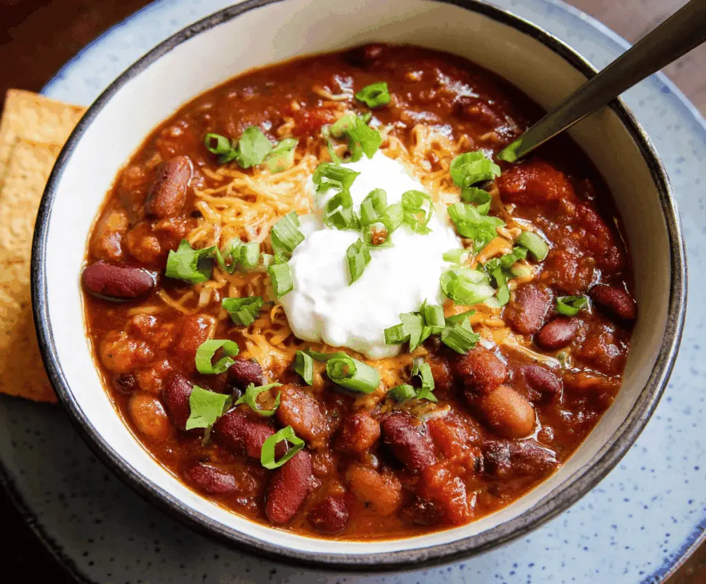 Heaping bowl of vegetarian three-bean chili with tomatoes, peppers, and fresh herbs, served with cornbread on a rustic wooden table.