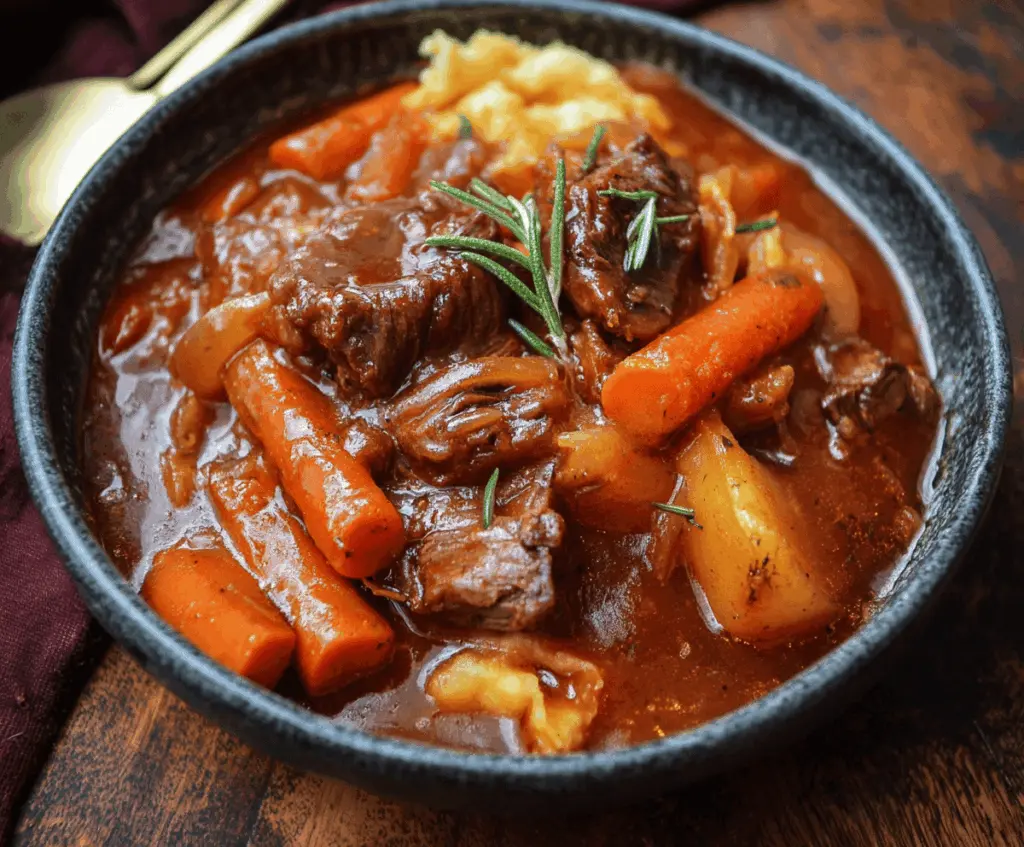 Hearty Witches Cauldron Beef Stew in a black cauldron with vegetables and tender beef, perfect for Halloween-themed dinner