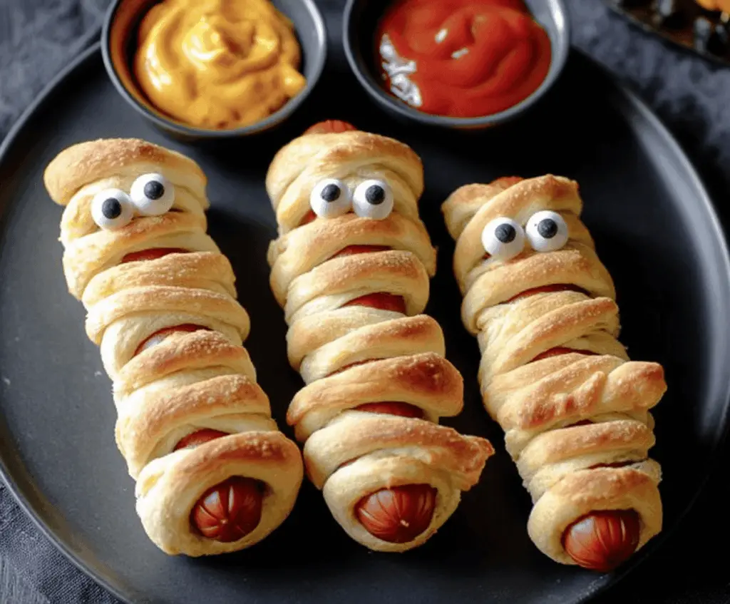 Creamy hot dogs wrapped in crispy pastry with spooky mummy eyes for a fun Halloween appetizer—3-ingredient Halloween Mummy Hot Dogs.