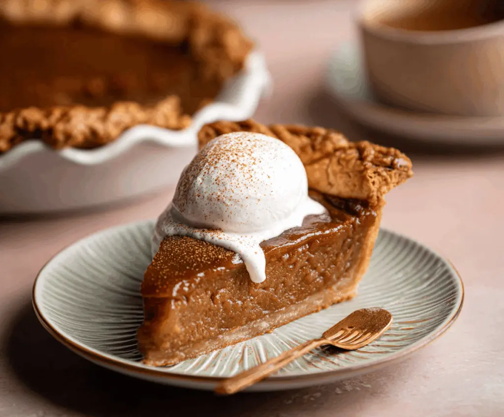 Delicious homemade apple butter pie topped with whipped cream and cinnamon, served on a rustic pie dish, perfect for fall desserts.