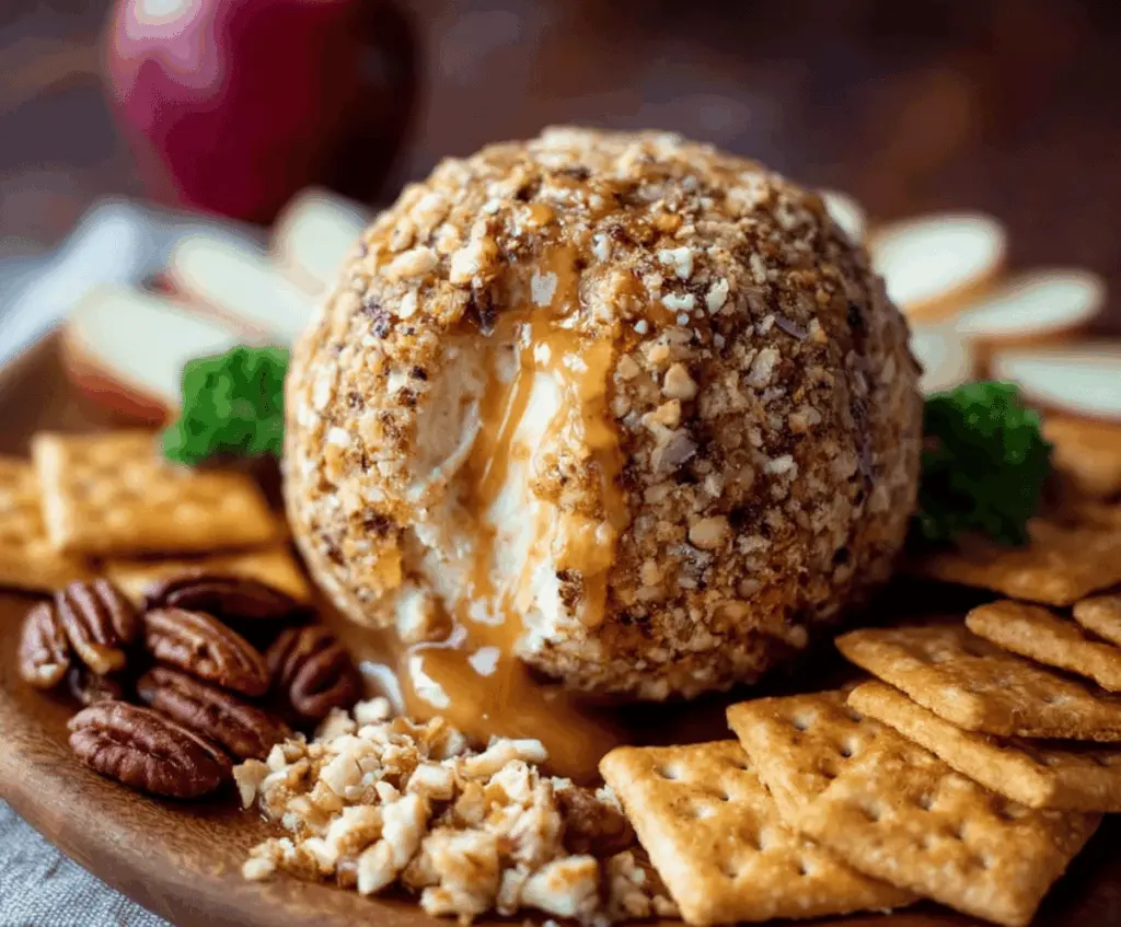 Creamy apple cider cheese ball coated with chopped nuts and garnished with fresh apple slices, perfect for holiday parties and festive gatherings.