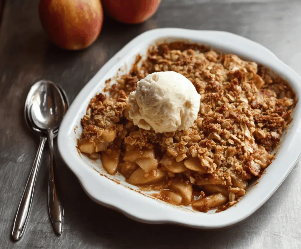 Delicious homemade apple crisp topped with crunchy oat streusel served in a baking dish