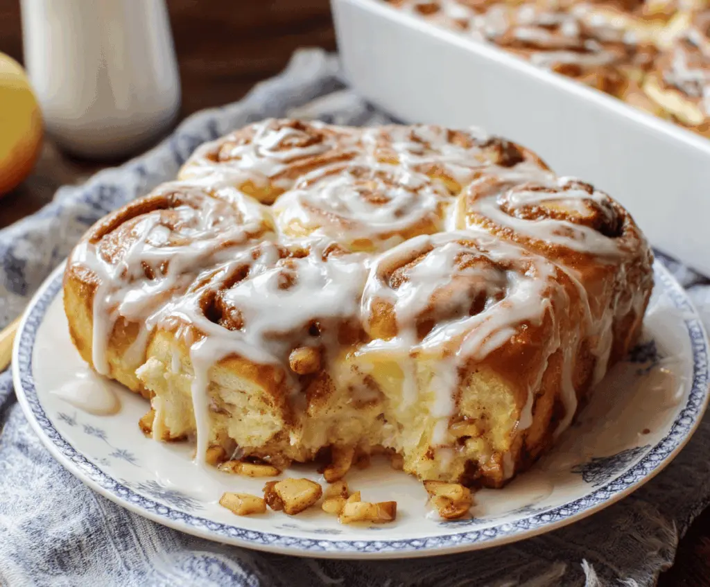 Sweet apple pie cinnamon rolls topped with icing, featuring a golden-brown pastry filled with spiced apple filling and cinnamon, perfect for breakfast or dessert.